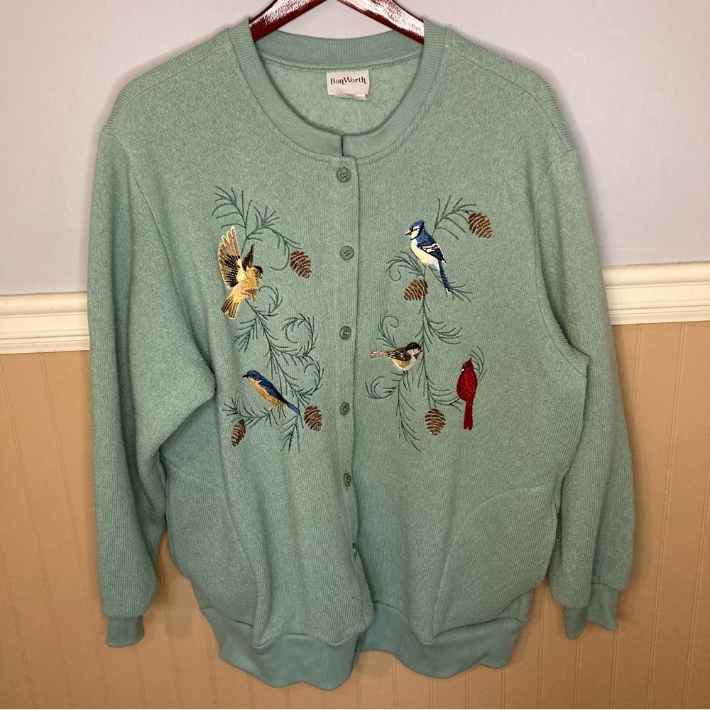 Vintage Bon Worth Embroidered Birds Knit Cardigan Grandmacore Blue Green
